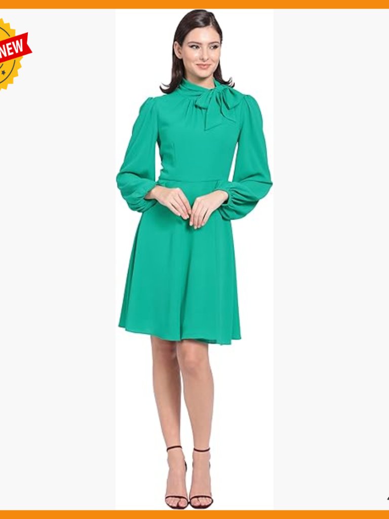 Fit & Flare Dress With Puff Sleeves, Tie Neck, Above Knee